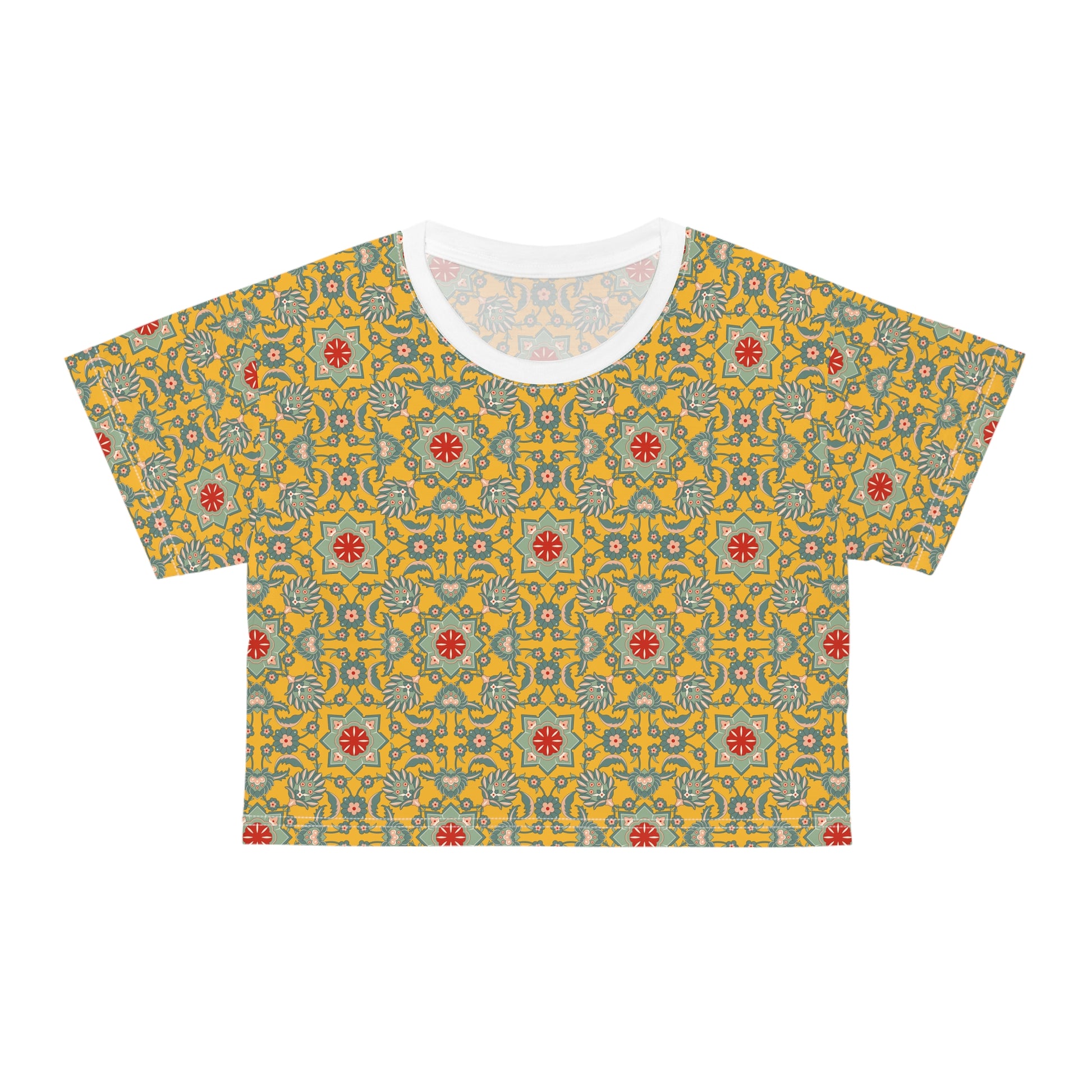 Bohemian Floral - Vibrant Yellow Patterned Top for Festivals and Summer Outings Crop T-Shirt, featuring a dynamic all-over print, ribbed knit collar, and lightweight fabric, ideal for stylish, comfortable wear.