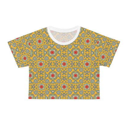 Bohemian Floral - Vibrant Yellow Patterned Top for Festivals and Summer Outings Crop T-Shirt, featuring a dynamic all-over print, ribbed knit collar, and lightweight fabric, ideal for stylish, comfortable wear.