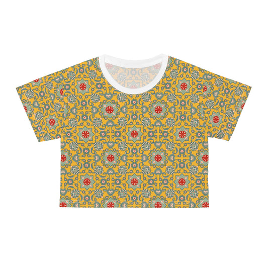 Bohemian Floral - Vibrant Yellow Patterned Top for Festivals and Summer Outings Crop T-Shirt, featuring a dynamic all-over print, ribbed knit collar, and lightweight fabric, ideal for stylish, comfortable wear.