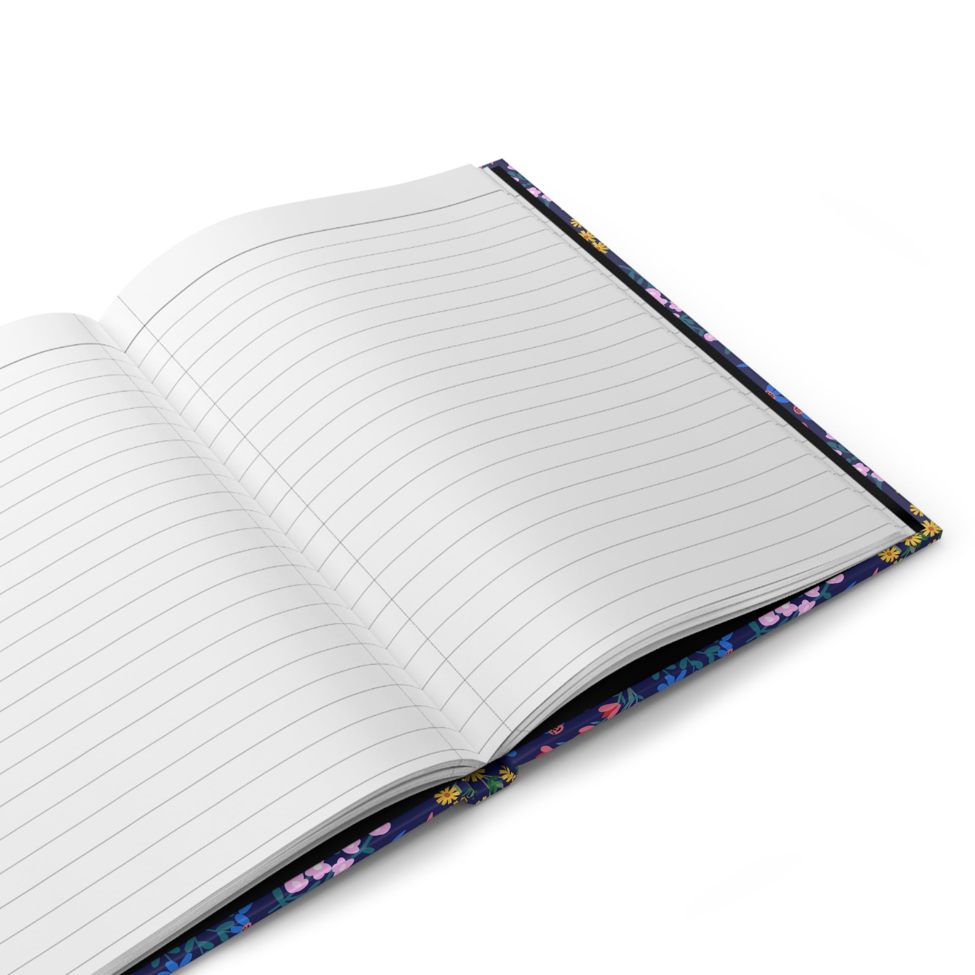 HARDCOVER JOURNAL, MATTE, RULED, 5X7, SEWN BIND, CLEAN-TEAR PAGES – MIDNIGHT BLOOM, featuring a dark-blue cover with colorful florals, open to show lined pages, perfect for capturing thoughts.