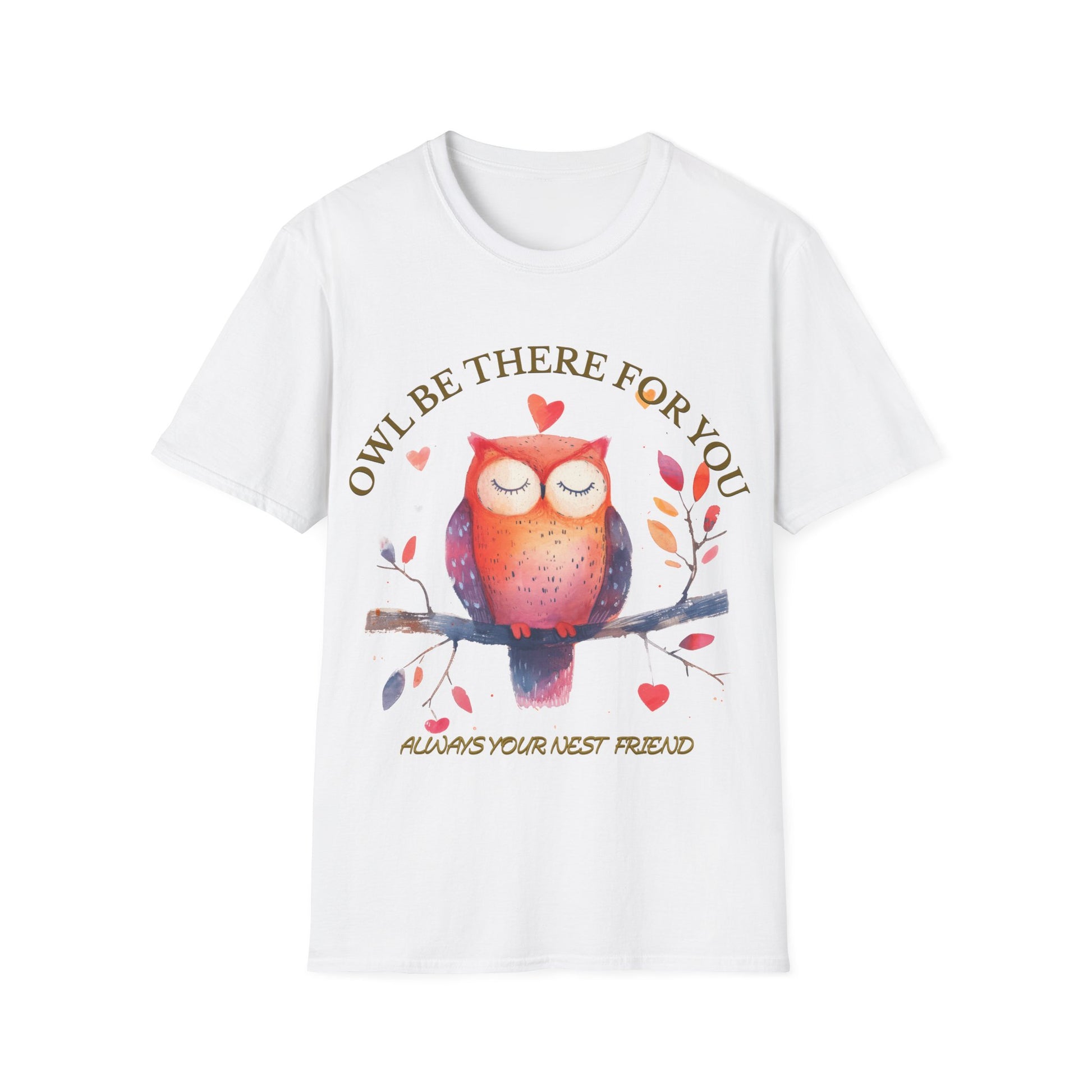 Owl Be There For You - Always Your Nest Friend Gildan Unisex T-Shirt featuring a vibrant owl perched on a branch, perfect for casual wear and owl enthusiasts.