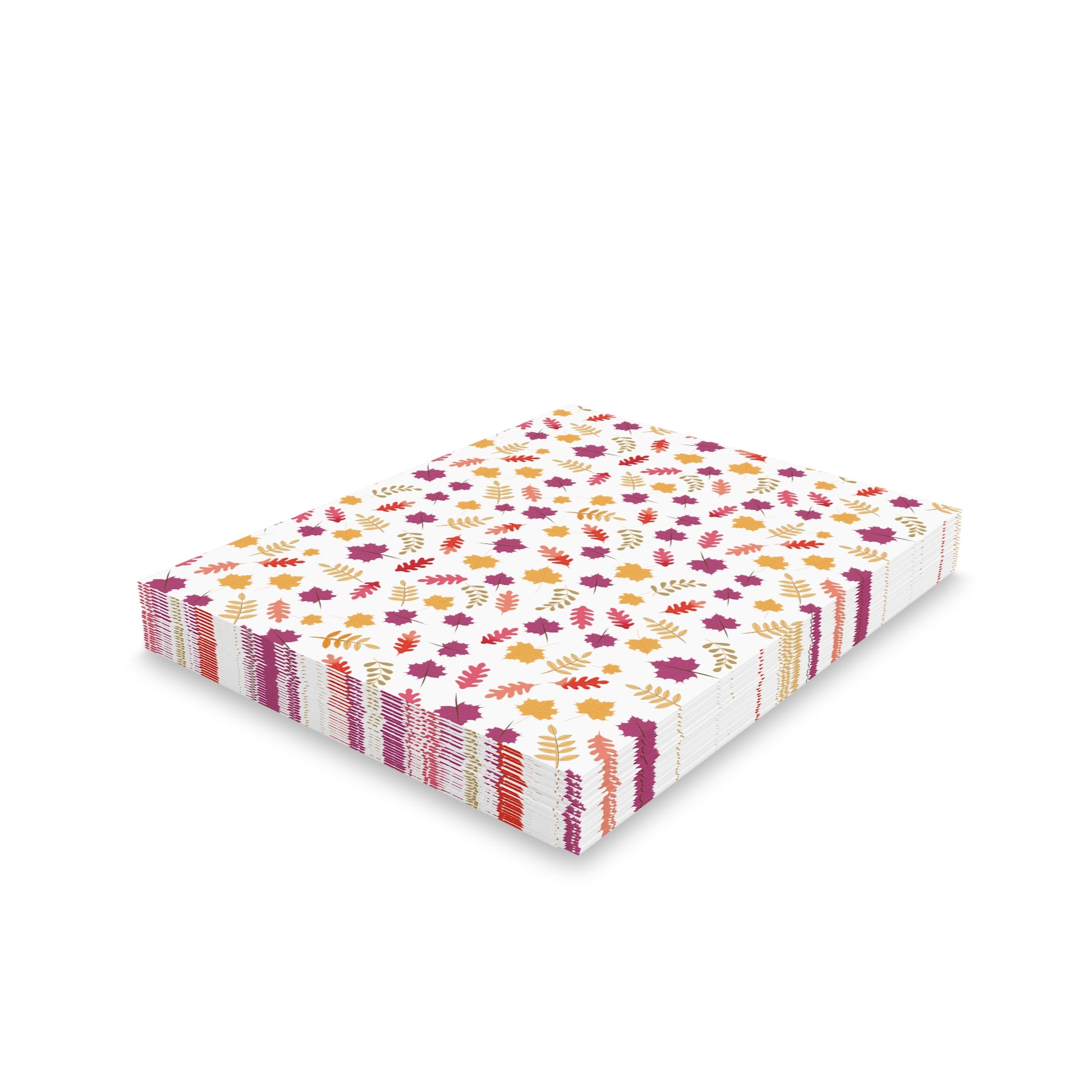 Autumn Greeting Cards — Pack of 8/16/24 featuring a stack of cards adorned with vibrant autumn-leaf motifs, showcasing FireBrook Designs' uplifting style. Each card comes with a matching white envelope.