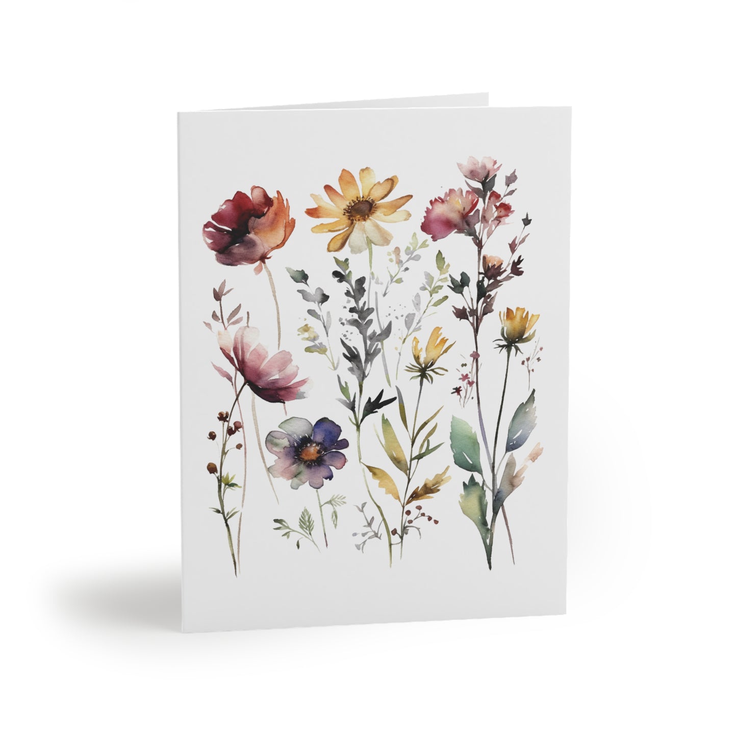 Flower Greeting Cards — Pack of 8/16/24, featuring a watercolor-style bouquet of wildflowers, elegantly matte-finished, and slightly open with a matching envelope, perfect for heartfelt messages.