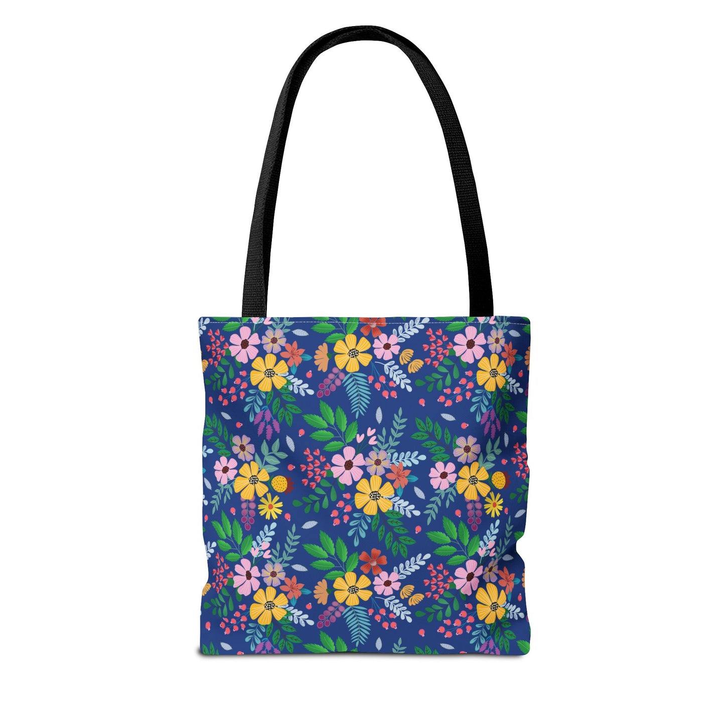 Deep Sea Floral Patch Tote Bag with vibrant floral patterns on a deep blue background, featuring black shoulder straps and reinforced stitching, ideal for stylish, joyful outings. Available in three sizes.