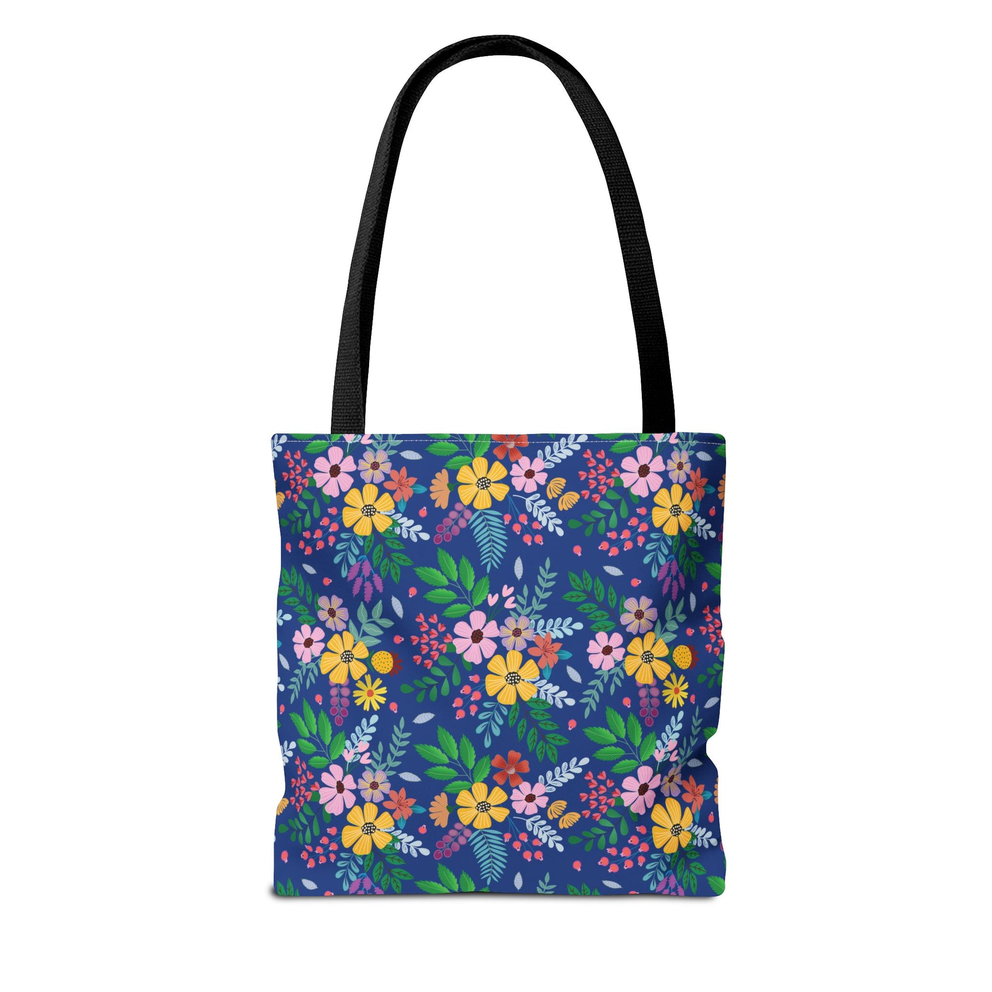 Deep Sea Floral Patch Tote Bag with vibrant floral patterns on a deep blue background, featuring black shoulder straps and reinforced stitching, ideal for stylish, joyful outings. Available in three sizes.