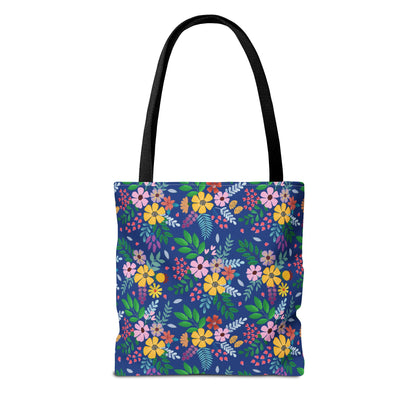 Deep Sea Floral Patch Tote Bag with vibrant floral patterns on a deep blue background, featuring black shoulder straps and reinforced stitching, ideal for stylish, joyful outings. Available in three sizes.