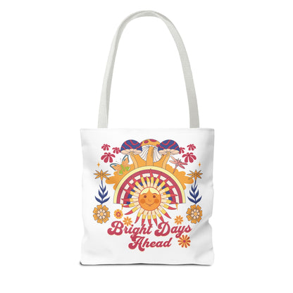Bright Days Ahead Sunshine Floral Tote Bag adorned with cheerful sunshine, flowers, and butterflies, perfect for outdoor adventures. Features durable polyester body, reinforced handles, and boxed corners for spaciousness.