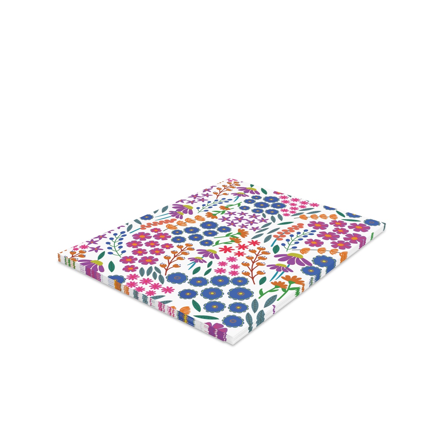 Floral Greeting Cards — Pack of 8/16/24, featuring bright, repeating floral patterns in blues, purples, and greens on hardcover notebooks, slightly fanned out, showcasing vibrant, joyful designs from FireBrook Essentials.