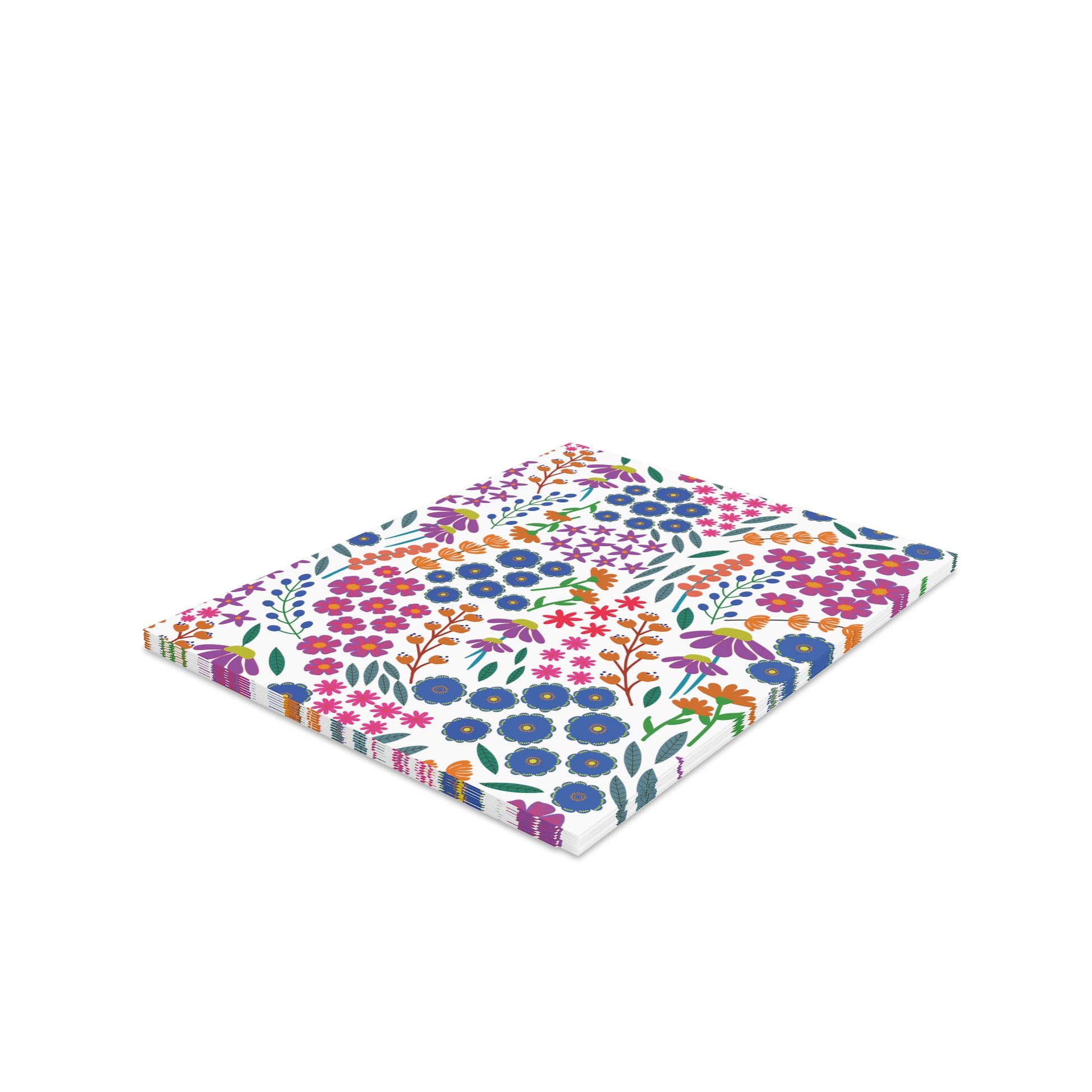 Floral Greeting Cards — Pack of 8/16/24, featuring bright, repeating floral patterns in blues, purples, and greens on hardcover notebooks, slightly fanned out, showcasing vibrant, joyful designs from FireBrook Essentials.