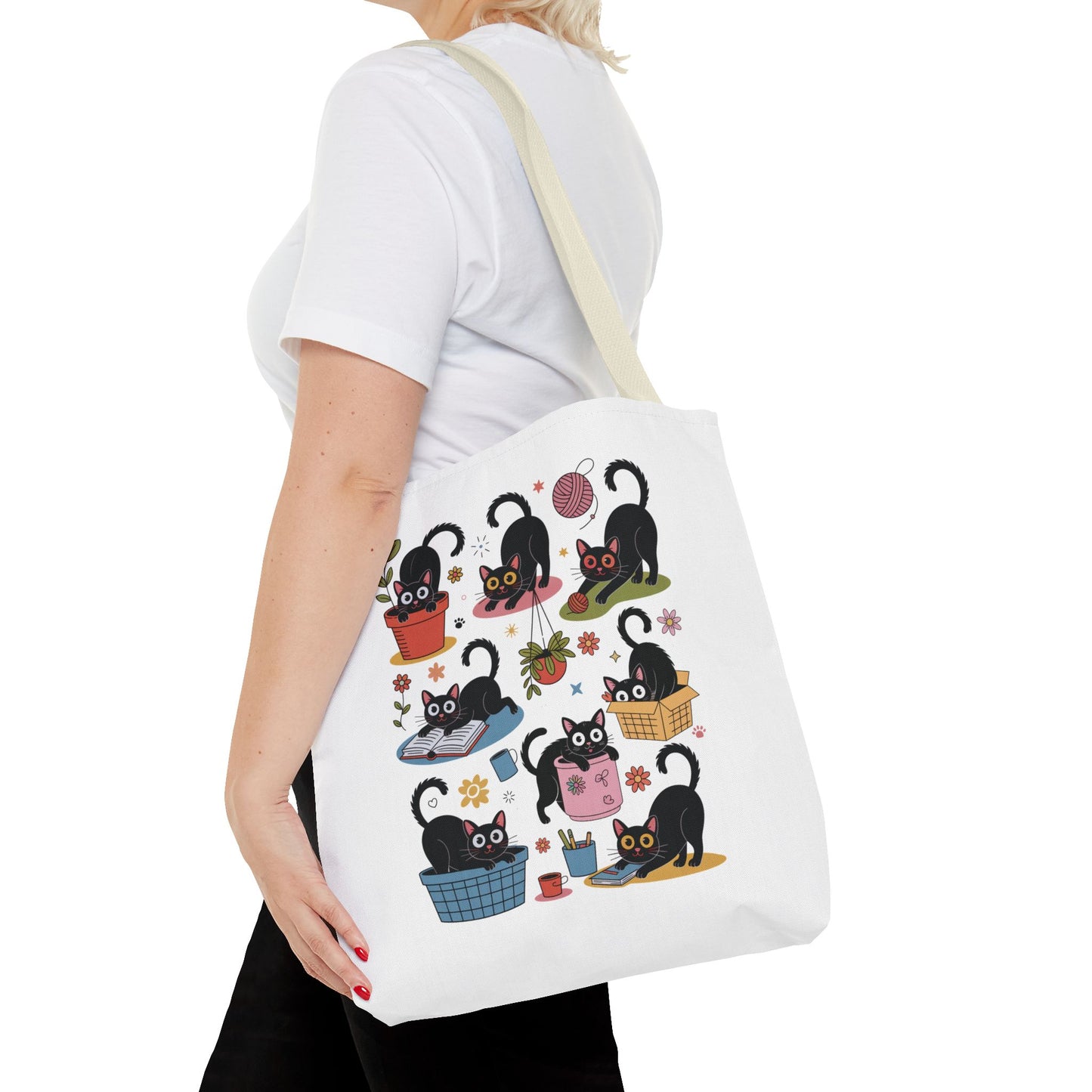 Cat Tote Bag - Curious Cat Design: A whimsical tote bag featuring a playful cat illustration, ideal for cat lovers. This stylish and durable accessory is perfect for errands, beach trips, or gifting.