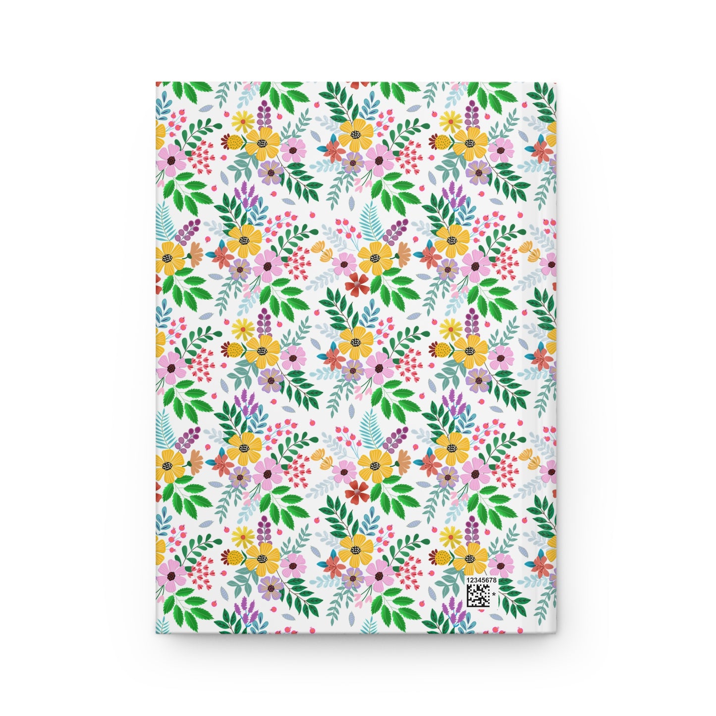 HARDCOVER JOURNAL, MATTE, RULED, 5X7, SEWN BIND, CLEAN-TEAR PAGES – BOTANICAL BURST featuring a vibrant floral pattern in bouquets, with a subtle QR code on a durable matte-laminated cover.