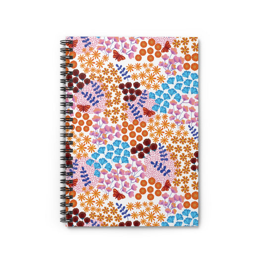 Floral Spiral Notebook with vibrant flowers and butterflies on the cover, featuring a sleek metal spiral binding, perfect for jotting notes, sketching, or journaling, embodying FireBrook Designs’ joyful creativity.