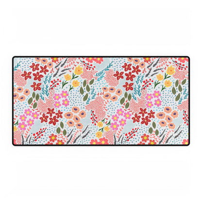 Garden Floral Pattern Desk Mat featuring vibrant blossoms and leaves on a white background, framed by a thin black border, adding elegance and color to any workspace.