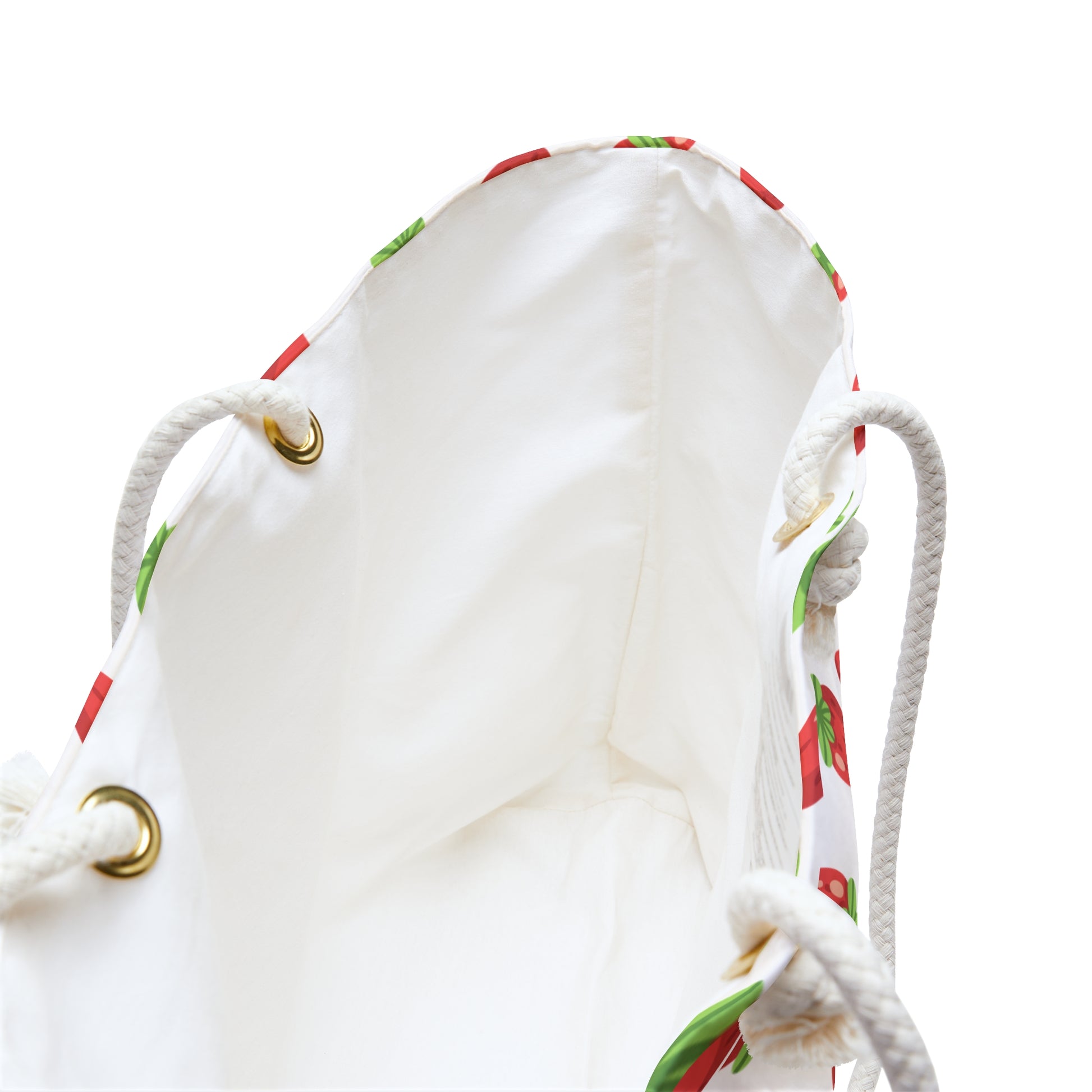 Strawberries Weekender Bag with durable rope handles and gold ring accents; features a playful strawberry pattern, ideal for joyful weekend getaways. Designed by FireBrook Essentials for stylish, easy travel.