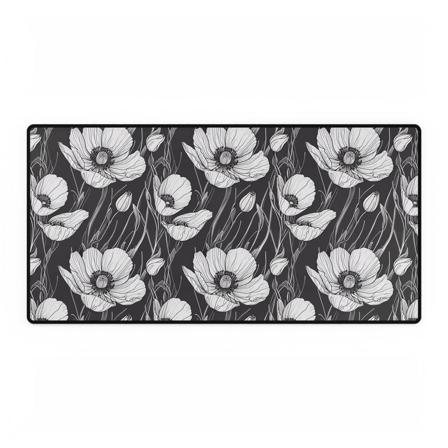 Monochrome Poppies Floral Desk Mat: A close-up view showcases intricately drawn poppy motifs, highlighting the elegant line art design. Perfect for adding a stylish touch to any workspace.