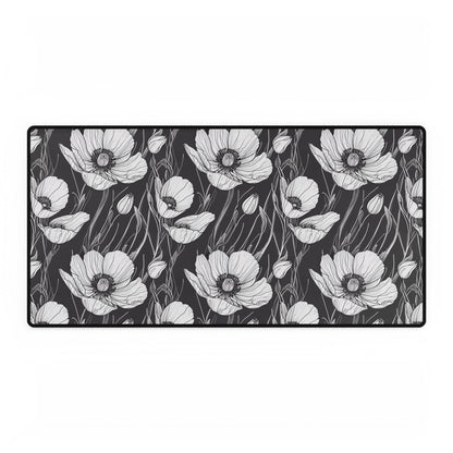 Monochrome Poppies Floral Desk Mat: A close-up view showcases intricately drawn poppy motifs, highlighting the elegant line art design. Perfect for adding a stylish touch to any workspace.