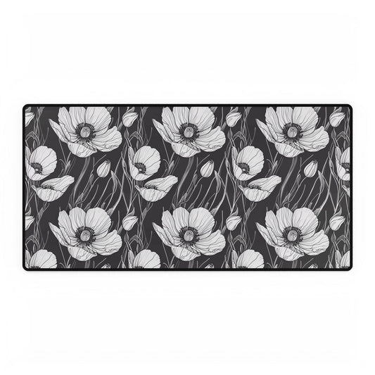 Monochrome Poppies Floral Desk Mat: A close-up view showcases intricately drawn poppy motifs, highlighting the elegant line art design. Perfect for adding a stylish touch to any workspace.