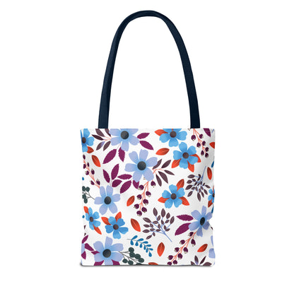 Floral Tote Bag with a vibrant blue floral pattern and navy straps, embodying FireBrook Essentials' joyful design ethos. Perfect for summer outings, enhancing style and practicality with its durable polyester build.