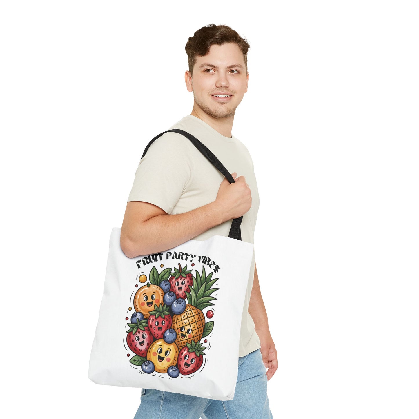 Fruit Party Tote Bag - Fun Summer Vibes: A vibrant polyester tote with reinforced handles and boxed corners, ideal for adding a playful touch to shopping or beach outings.