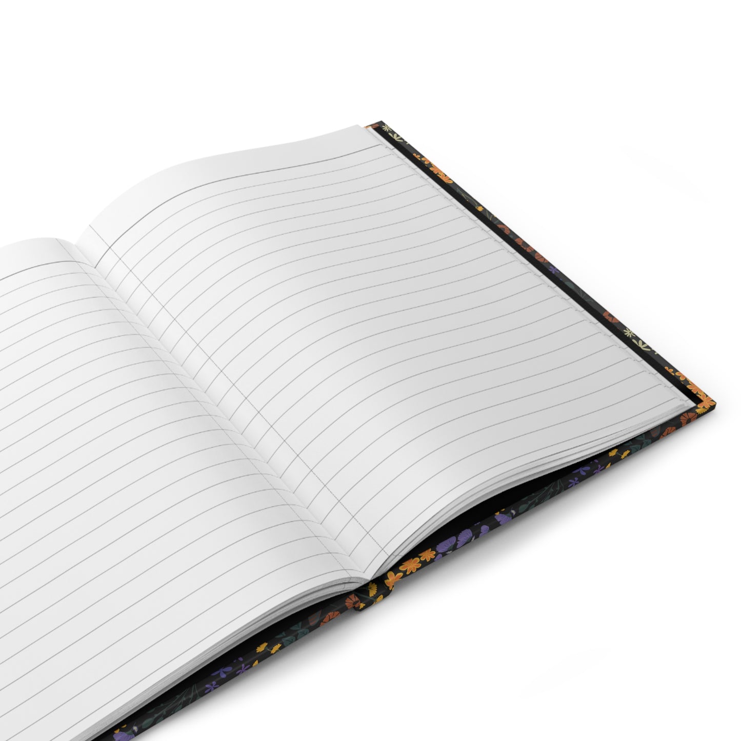 HARDCOVER JOURNAL, MATTE, RULED, 5X7, SEWN BIND, CLEAN-TEAR PAGES - AUTUMN NIGHT: Open, blank lined pages with a floral-patterned cover, showcasing FireBrook Designs' blend of style and functionality.