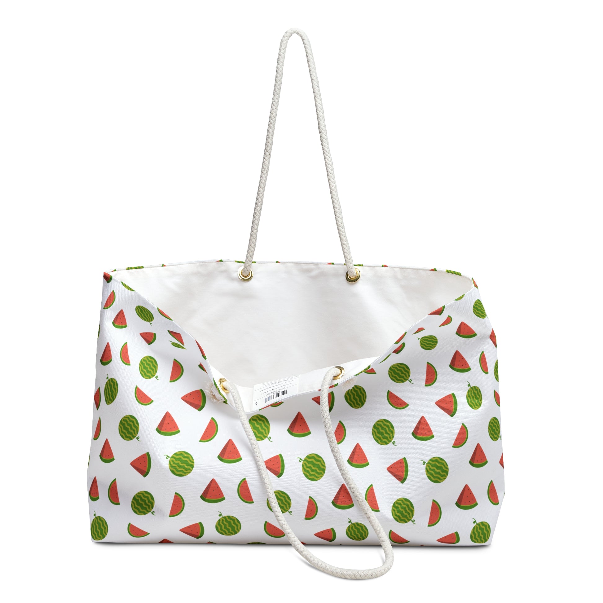 Weekender Bag - Watermelon Pattern Travel Tote for Summer Getaways, featuring a durable, wrinkle-resistant white bag with vibrant watermelon designs and sturdy rope handles, perfect for beach holidays and summer adventures.
