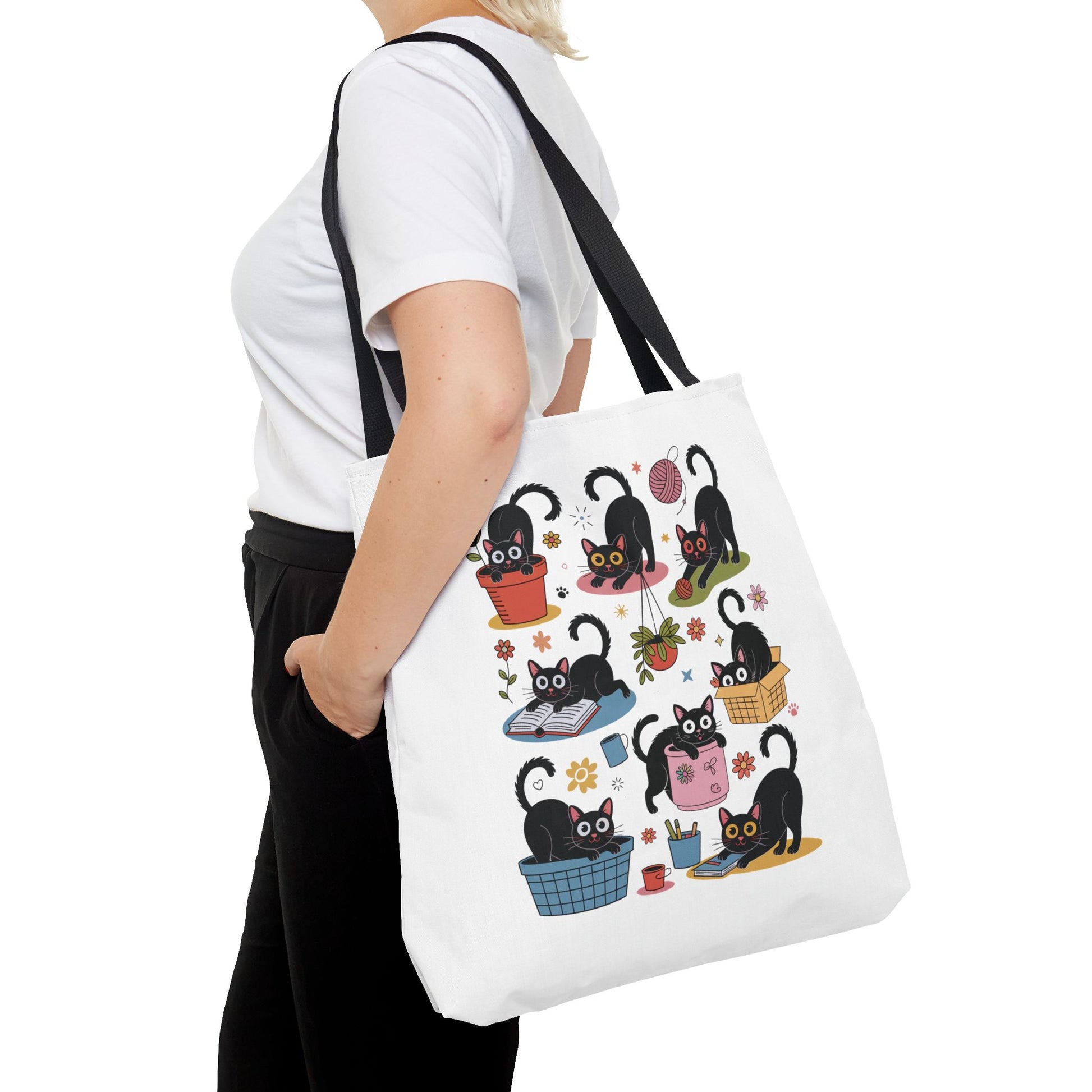 Cat Tote Bag - Curious Cat Design: A whimsical tote featuring a playful cat illustration, perfect for carrying essentials. Ideal for cat lovers and those who enjoy unique, artistic accessories from FireBrook Essentials.