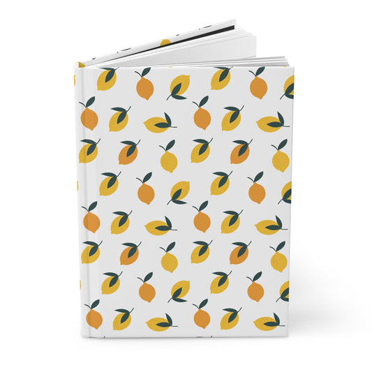 HARDCOVER JOURNAL, MATTE, RULED, 5X7, SEWN BIND, CLEAN-TEAR PAGES - CITRUS: A vibrant, stylized lemon pattern adorns the durable, matte-finished cover, featuring 150 lined, perforated pages for ease and flexibility.