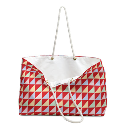 Weekender Bag - Geometric Triangles Design: A trendy shoulder bag with rope handles and gold grommets, perfect for stylish weekend getaways. Features a spacious, wrinkle-free design with cream interior lining.