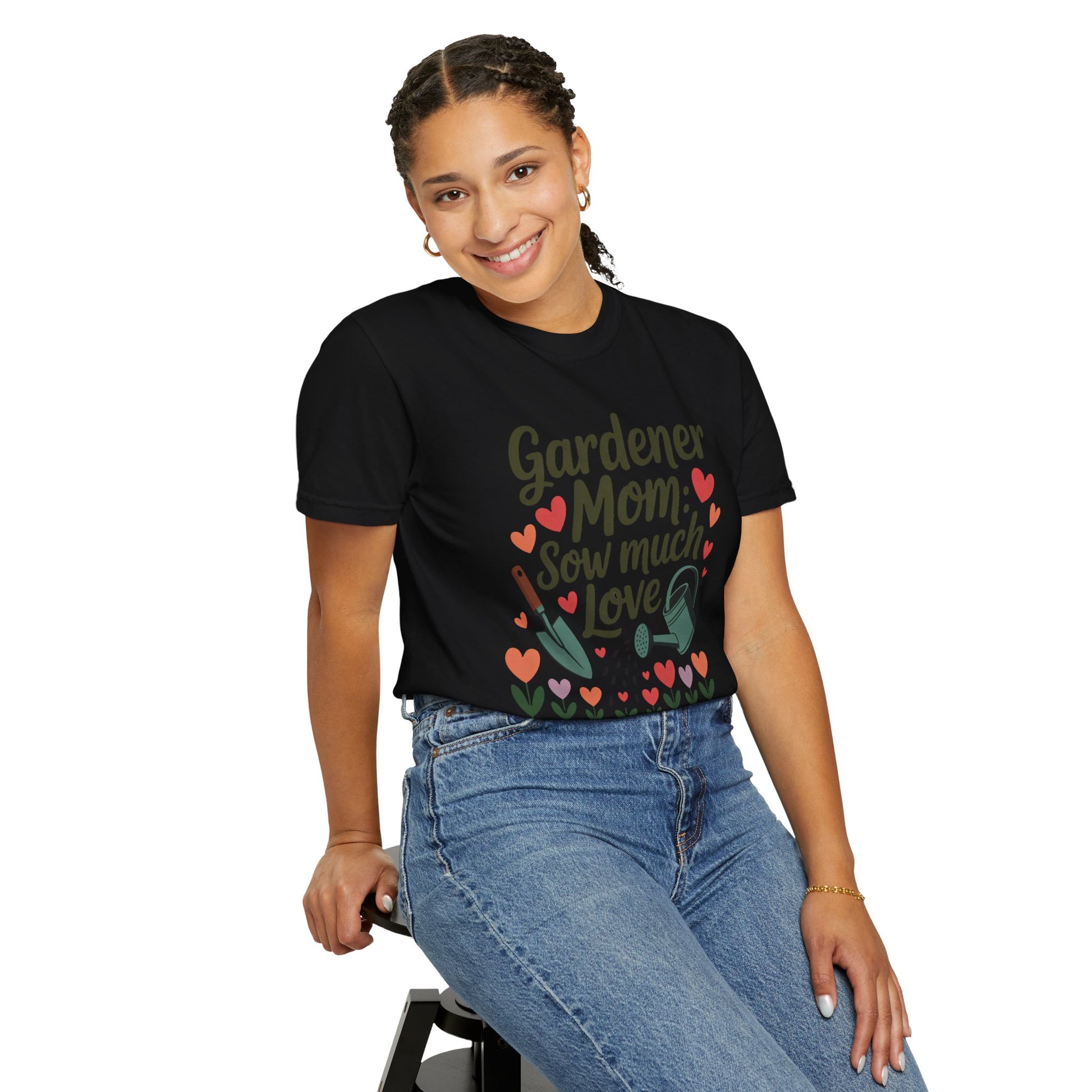 Gardener Mom Sow Much Love Mother's Day Comfort Colors Unisex T-Shirt with 'Sow Much Love' text, showcasing double-needle stitching and a relaxed fit, perfect for gardening enthusiasts and mothers from FireBrook Essentials.