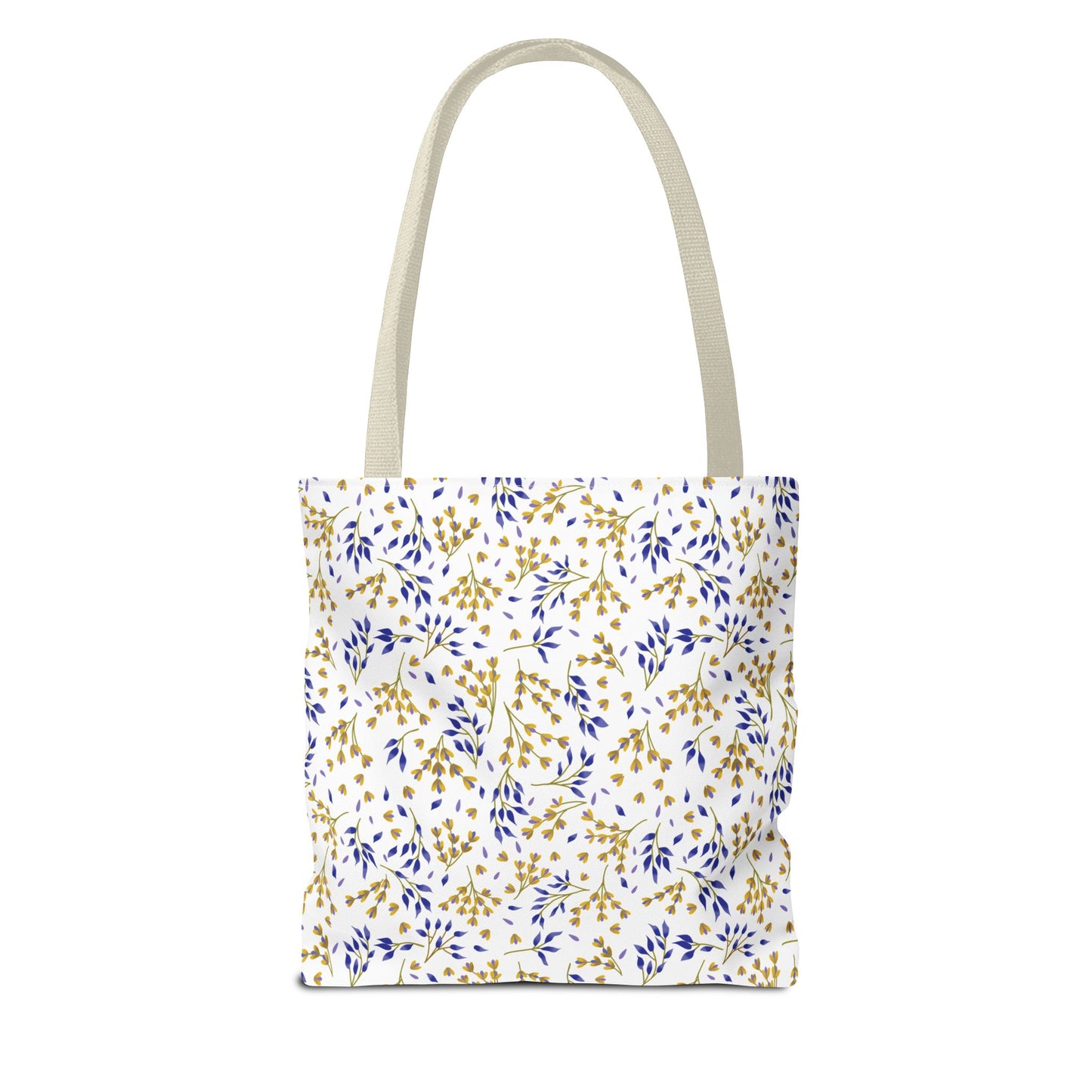 Wild Herb Garden Tote Bag features a white background with blue and gold botanical motifs, complemented by natural handles. Perfect for summer outings, offering durability and style from FireBrook Designs.