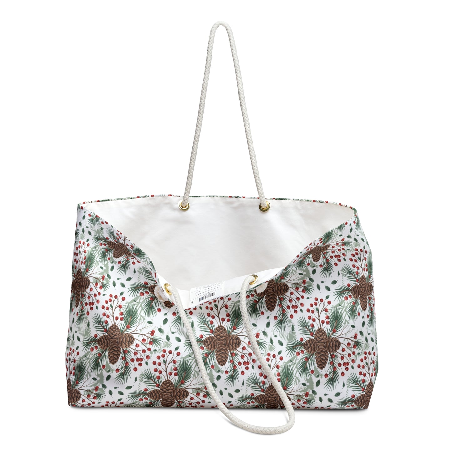 Weekender Bag - Woodland Pinecone Pattern Travel Tote, showcasing pinecones, branches, and berries design. Ideal for nature lovers seeking a cozy, rustic vibe for weekend getaways.