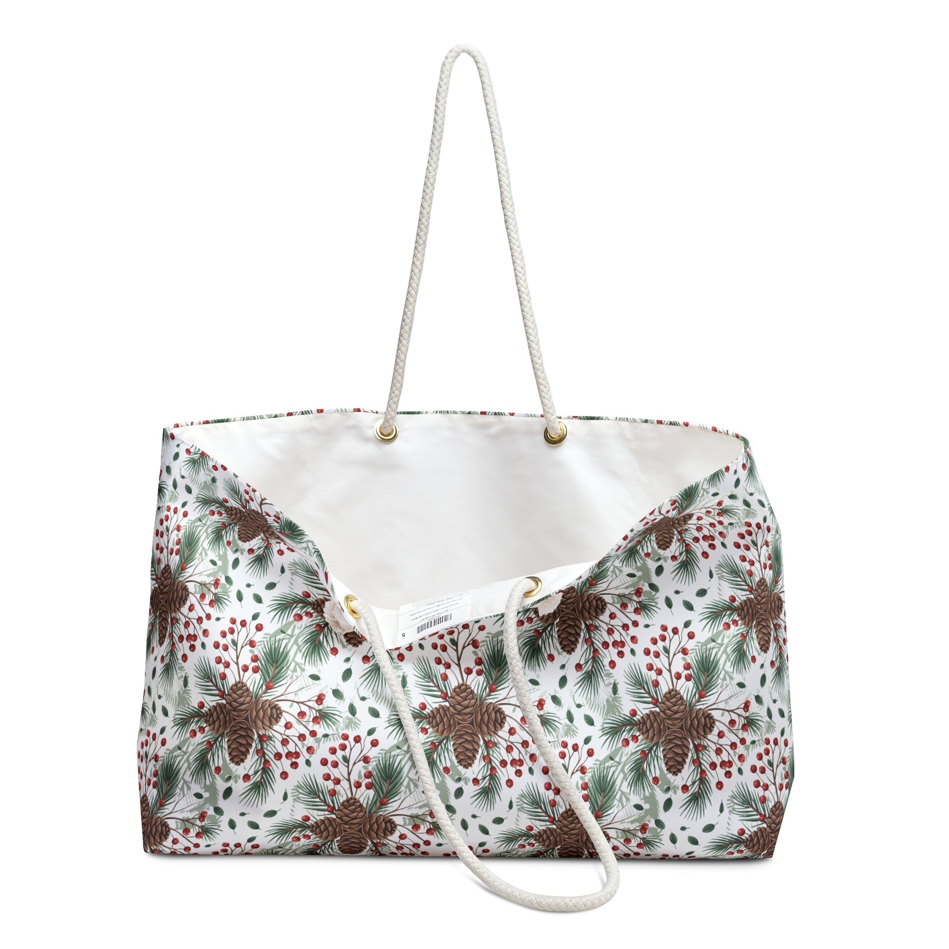Weekender Bag - Woodland Pinecone Pattern Travel Tote, showcasing pinecones, branches, and berries design. Ideal for nature lovers seeking a cozy, rustic vibe for weekend getaways.