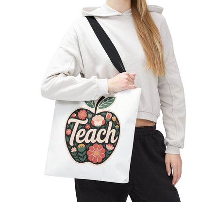 Floral Apple Tote Bag - Hand-Drawn Pastel-Colored Design with 'TEACH'; cozy tote featuring an apple shape filled with pastel florals, ideal for educators and nature enthusiasts, available in three sizes.