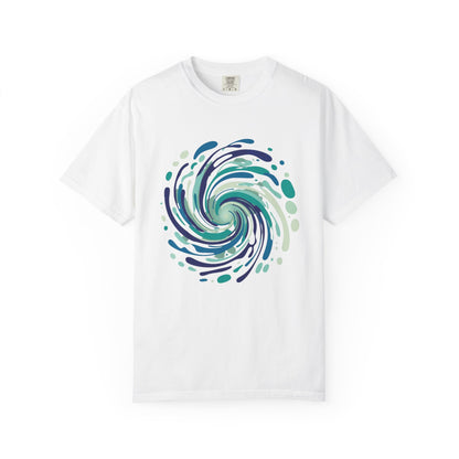 Ocean Waves Abstract T-Shirt featuring a dynamic vortex design of fluid lines and bubble accents, perfect for summer and beach wear. Ethically crafted for comfort and style from FireBrook Essentials.