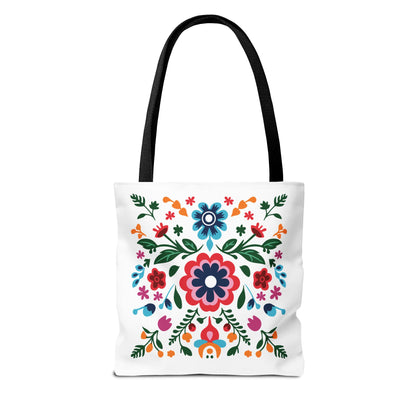Floral Tote Bag: A stylish white tote adorned with vibrant flowers, featuring a durable polyester body and reinforced handles, perfect for everyday use and adding a touch of nature-inspired charm.