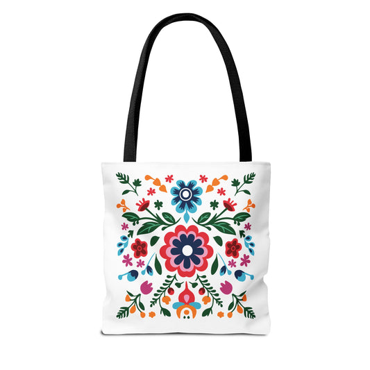 Floral Tote Bag: A stylish white tote adorned with vibrant flowers, featuring a durable polyester body and reinforced handles, perfect for everyday use and adding a touch of nature-inspired charm.