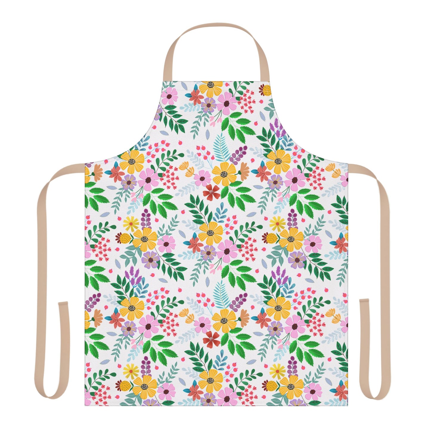 Floral Apron featuring vibrant clusters of stylized flowers with green leaves on 100% polyester canvas. Beige neck and waist ties offer a comfortable, stain-free fit, ideal for various kitchen activities.