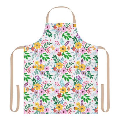 Floral Apron featuring vibrant clusters of stylized flowers with green leaves on 100% polyester canvas. Beige neck and waist ties offer a comfortable, stain-free fit, ideal for various kitchen activities.