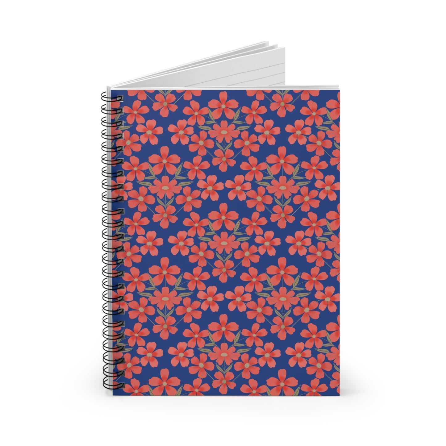 Floral Spiral Notebook with coral-red flowers and olive leaves on a navy cover, featuring durable black metal binding, ideal for creative note-taking and organization. Compact, stylish, and perfect for everyday use.