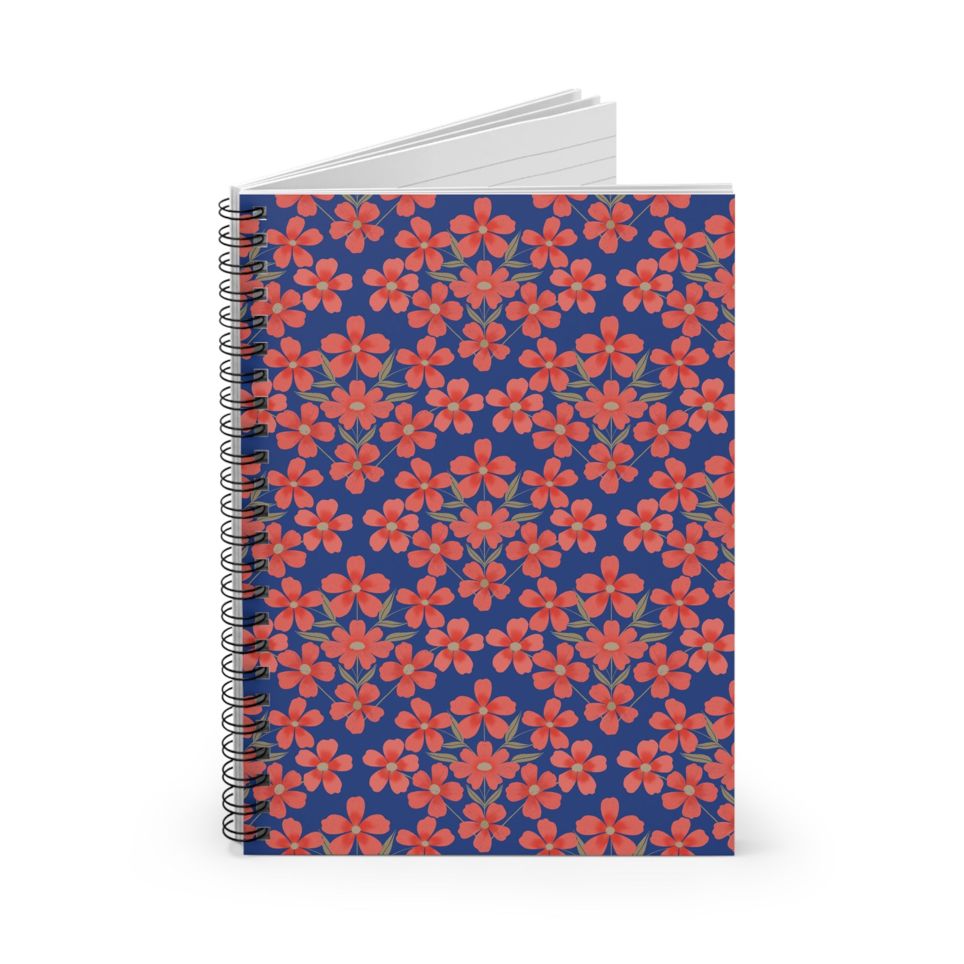 Floral Spiral Notebook with coral-red flowers and olive leaves on a navy cover, featuring durable black metal binding, ideal for creative note-taking and organization. Compact, stylish, and perfect for everyday use.