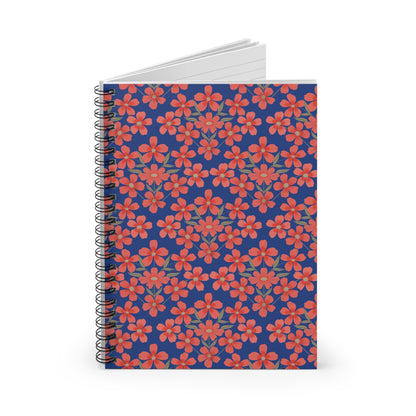 Floral Spiral Notebook with coral-red flowers and olive leaves on a navy cover, featuring durable black metal binding, ideal for creative note-taking and organization. Compact, stylish, and perfect for everyday use.