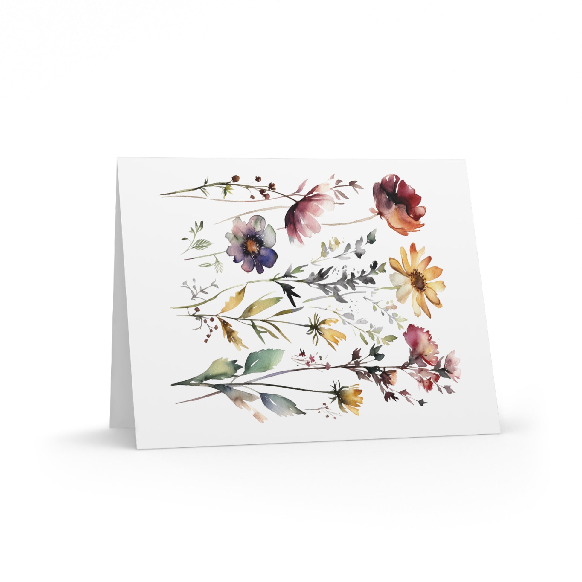 Flower Greeting Cards — Pack of 8/16/24 features watercolor-style botanical illustrations on a blank, folded card. A cheerful, personal touch perfect for any occasion, paired with a matching white envelope.