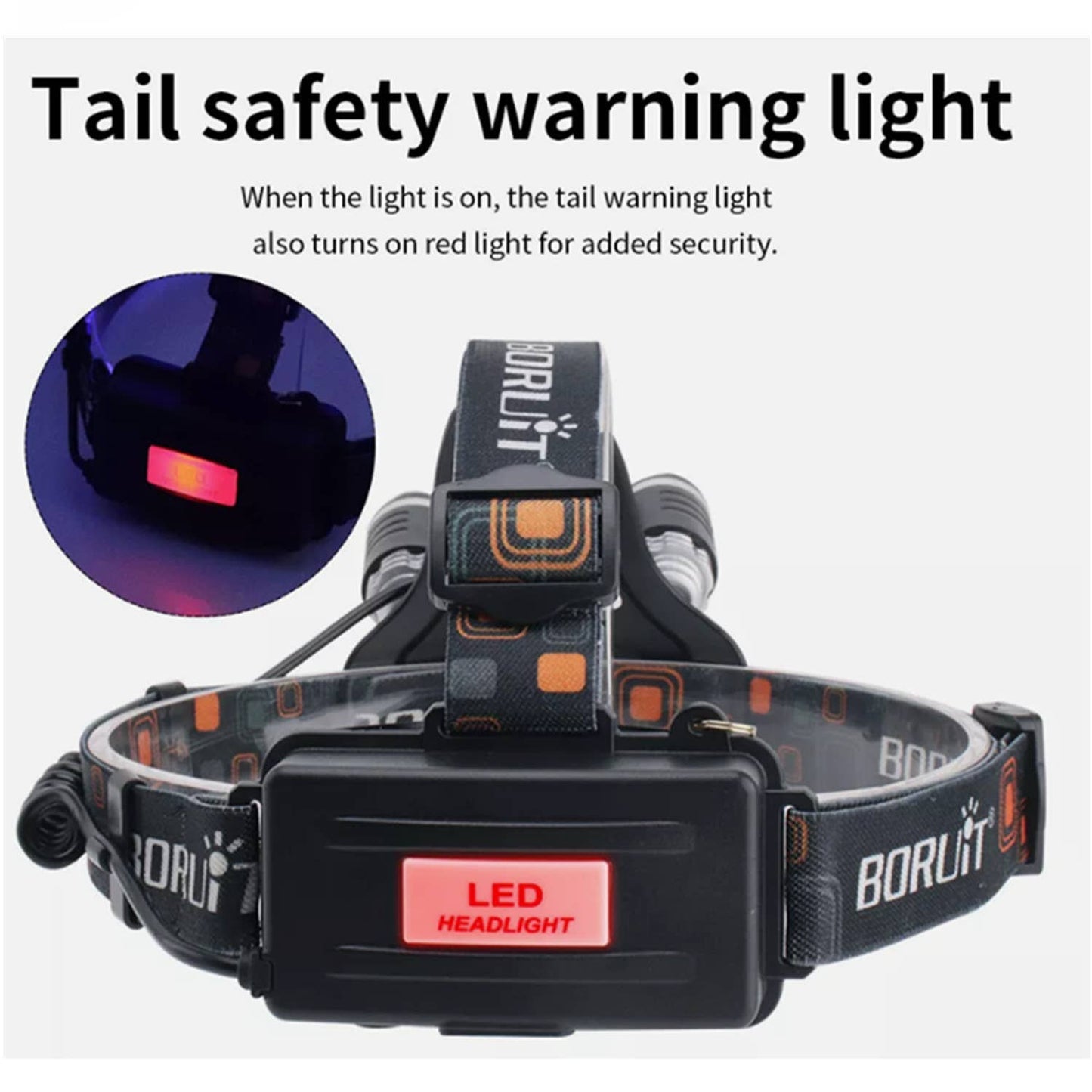 LED Head Torch Headlamp Light Band Rechargeable Headlight with 30000 lumens and adjustable elastic headband, featuring a forward-facing LED, rear warning light, and four lighting modes for versatile, hands-free use.