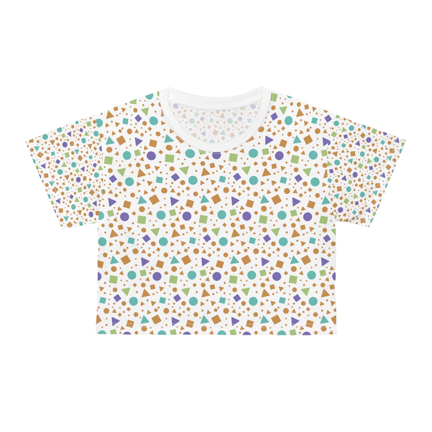 Colorful Abstract Pattern Crop Fun T-Shirt featuring lively geometric shapes on a white background, embodying FireBrook Essentials' commitment to stylish, uplifting casual wear. Perfect for expressing individuality and joy.