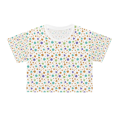 Colorful Abstract Pattern Crop Fun T-Shirt featuring lively geometric shapes on a white background, embodying FireBrook Essentials' commitment to stylish, uplifting casual wear. Perfect for expressing individuality and joy.