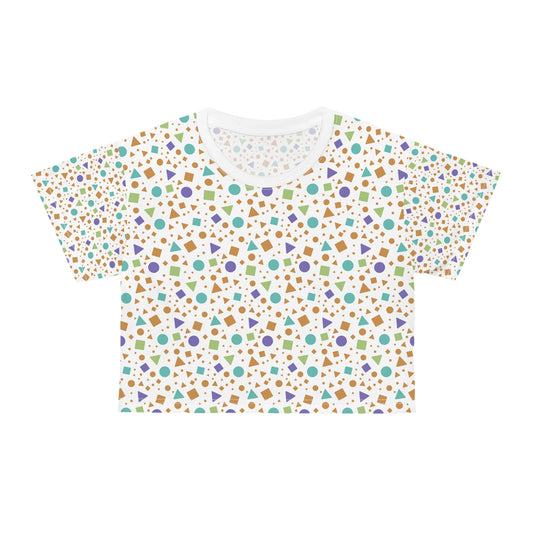 Colorful Abstract Pattern Crop Fun T-Shirt featuring lively geometric shapes on a white background, embodying FireBrook Essentials' commitment to stylish, uplifting casual wear. Perfect for expressing individuality and joy.