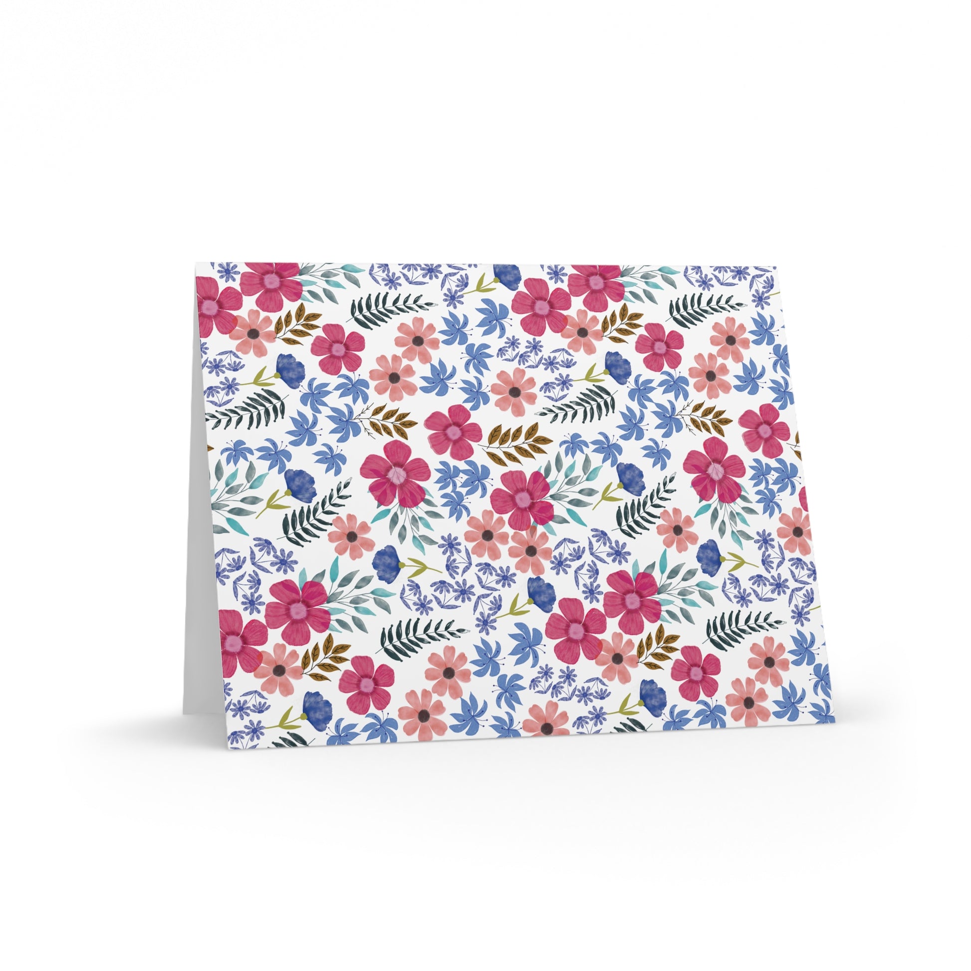 Floral Wildflower Greeting Cards — Pack of 8/16/24 feature a vibrant watercolor-style floral pattern with pink, coral, and blue blossoms, offering a cheerful, garden-inspired design on a matte-finish card.