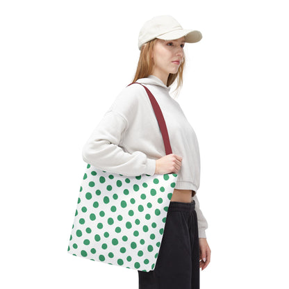 Green Polka Dots Tote Bag showcasing a cheerful design, perfect for adding vibrant style to everyday outfits. Ideal for spring outings, its durable polyester body and reinforced handles ensure practicality and longevity.