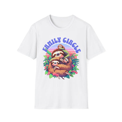 Family Circle Sloth Gildan Unisex T-Shirt featuring cartoon sloths hugging, perfect for casual wear and family gatherings, embodies FireBrook Essentials' uplifting and joyful design approach.
