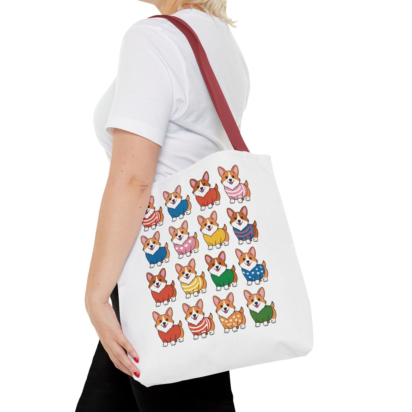 Corgi Grid Tote Bag - Cheerful Cartoon Style Dog Lover Shoulder Bag features cute corgis in unique outfits on durable polyester, perfect for dog lovers seeking a whimsical, everyday accessory.